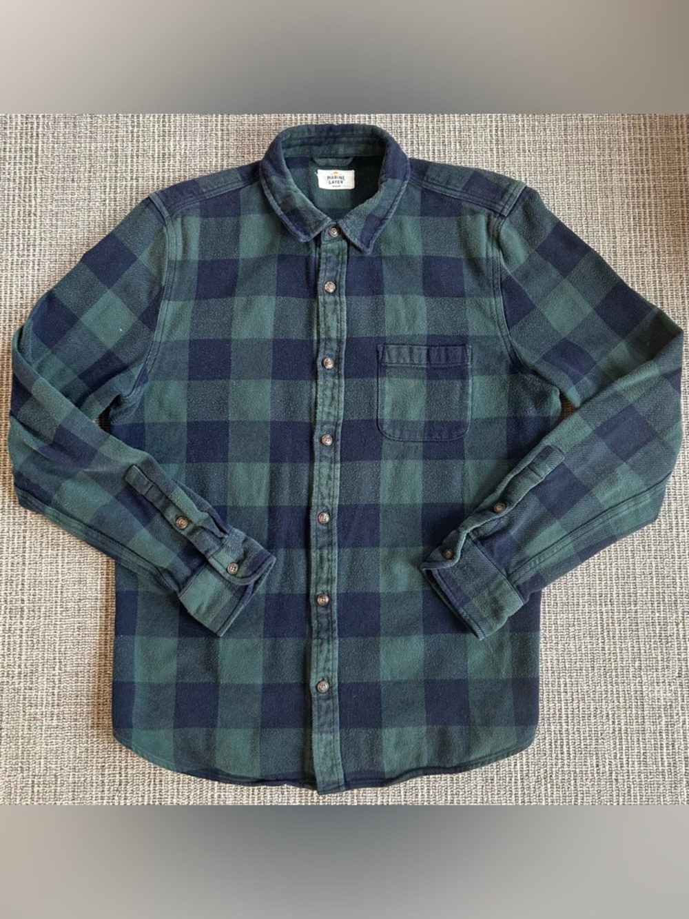 Marine Layer Green and Navy Plaid Button-Down Flannel Shirt